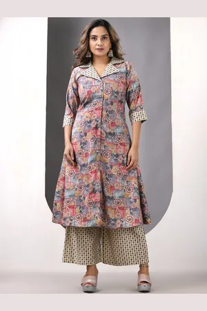 Charukriti Floral Printed Shirt Collar Satin A-Line Kurta With Palazzos