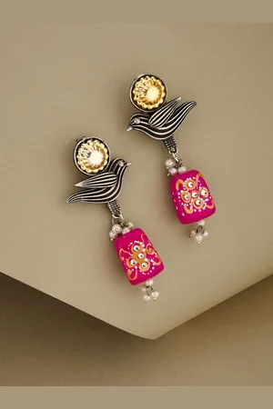 ATIBELLE German Silver-Plated Kundan Stones Studded And Beaded Contemporary Drop Earrings