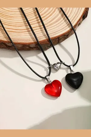 Meenaz Stainless Steel Heart Shaped Couple Valentine Chunky Pendants With Chains