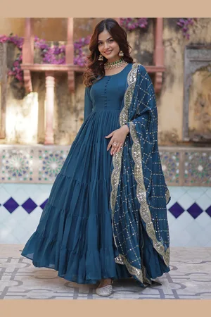 JATRIQQ Women Georgette Tiered Gown Maxi Dress With Embroidered Dupatta