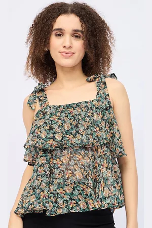 DressBerry Women Floral Print Shoulder Straps Sleeveless Tiered Top