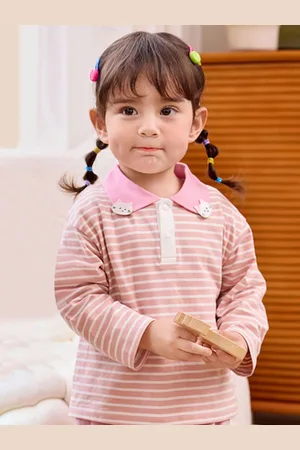 LULU & SKY Girls Striped Polo Collar Cotton Oversized T-shirt