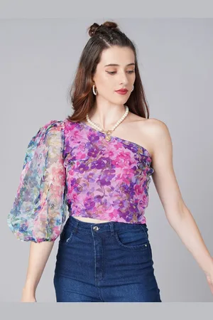 Moda Rapido Women Floral Printed One Shoulder Puff Sleeves Crop Top