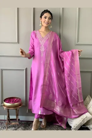Moda Rapido Women Ethnic Motifs Embroidered Regular Thread Work Chanderi Silk Kurta with Trousers & With