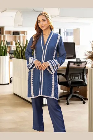Ambraee V-Neck Flared Sleeves Chanderi Silk Straight Lace Kurta With Trousers
