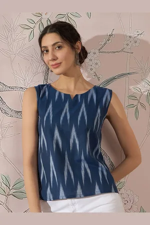 InWeave Women Ikat Printed Round Neck Sleeveless Cotton Top