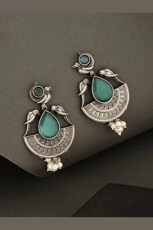 ATIBELLE German Silver Plated Artificial Stones Studded & Beaded Drop Earrings