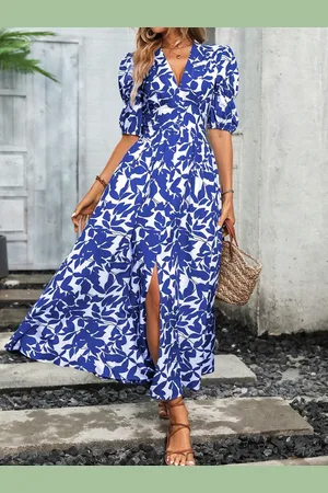 Mast & Harbour Printed Front Slit Smocked Maxi Dress