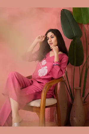 Sangria Floral Embroidery Top With Trousers Co-Ords