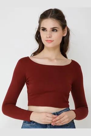 Moda Rapido Women Pure Cotton Solid Boat Neck Long Sleeves Crop Fitted Top