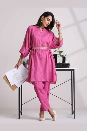 trueBrowns Pink Printed Kaftan Kurta Co-ord Set