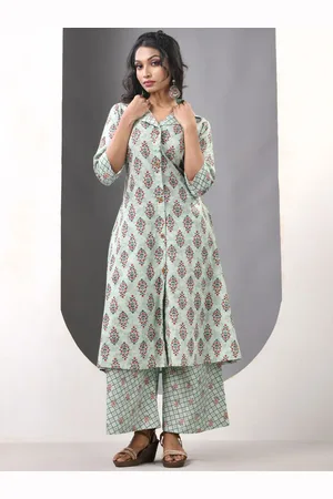 Charukriti Floral Printed Lapel Collar Pure Cotton A-Line Kurta With Palazzos