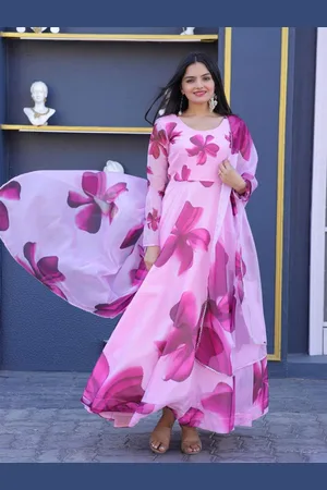 Femvy Women Floral Printed Fit & Flare Maxi Ethnic Dresses With Dupatta