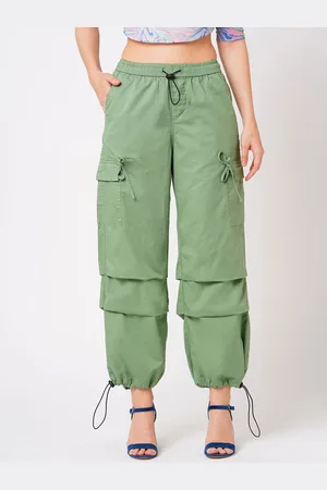 Globus Women Powder Green Loose Fit Mid-Rise Flat Front Cotton Cargo Trouser