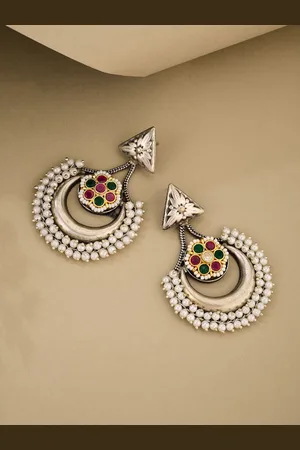 ATIBELLE German Silver-Plated Artificial Stones Studded & Beaded Contemporary Chandbalis
