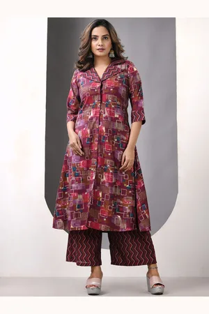 Charukriti Geometric Printed Lapel Collar Satin A-Line Kurta With Palazzos