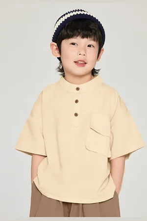 LULU & SKY Boys Mandarin Collar Drop-Shoulder Sleeves Pockets Boxy T-shirt