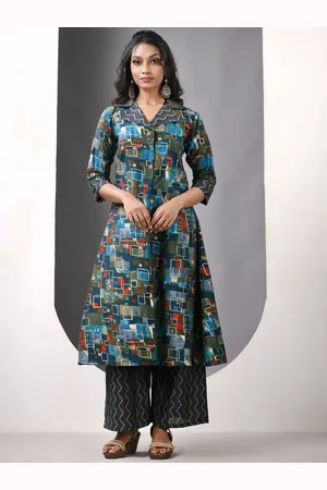 Charukriti Geometric Printed Shirt Collar Satin A-Line Kurta With Palazzos