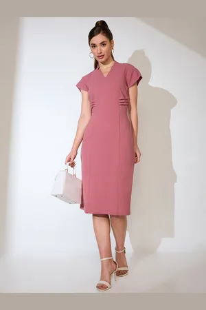 Globus Women Pink V-Neck Cap Sleeves Sheath Midi Workwear Dress