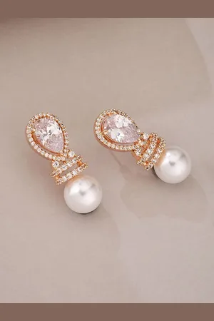 ATIBELLE Rose Gold Plated Cubic Zirconia Stones Studded & Beaded Drop Earrings