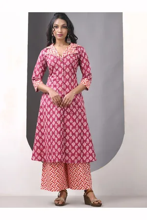 Charukriti Floral Printed Lapel Collar Pure Cotton A-Line Kurta With Palazzos