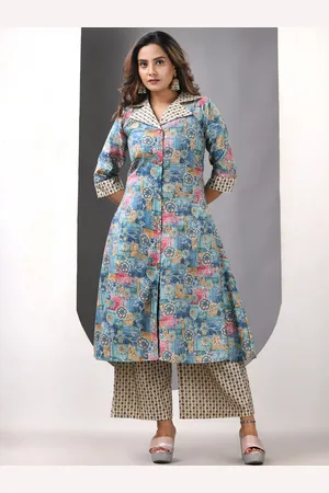Charukriti Floral Printed Shirt Collar Satin A-Line Kurta With Palazzos