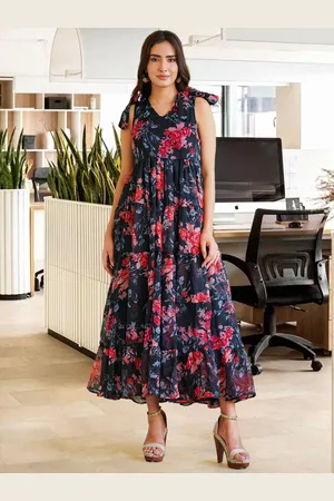 Ambraee Black Tiered & Floral Tie-up Dress