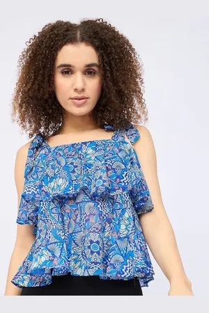 DressBerry Women Printed Square Neck Shoulder Straps Tiered Crop Top