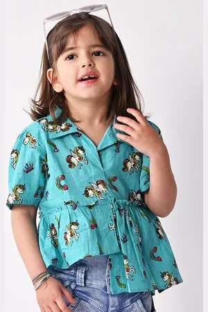 Sangria Girls Unicorn Printed Pure Cotton High Low Peplum Top