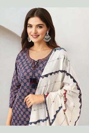 Ishin Applique Embroidered Pure Cotton Straight Kurta with Trouser & Dupatta