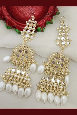 EVY Gold-Plated Artificial Stones And Beads Studded Contemporary Drop Earrings