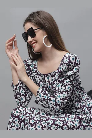 JAINISH Women Floral Printed Puff Sleeves Fit & Flare Midi Dress