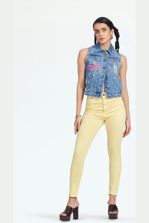 LOVEGEN Women Blue Washed Crop Vest Denim Jacket with Embroidered