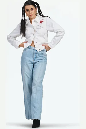 LOVEGEN Women White Crop Denim Jacket with Patchwork