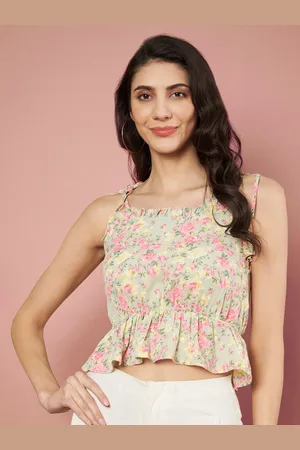 Slenor Women Floral Printed Cinched Waist Crop Top