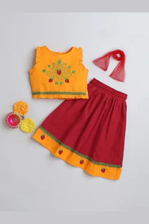 MANY FROCKS & Girls Embroidered Cotton Ready to Wear Lehenga & Blouse With Dupatta