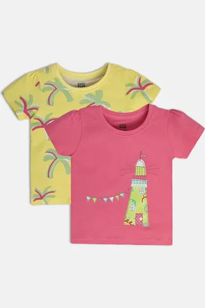 MINI KLUB Girls Pack of 2 Round Neck Short Sleeves Graphic Printed Cotton Top