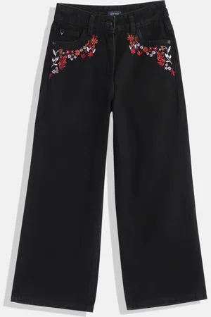 Allen Solly Girls Wide Leg Floral Embroidered Pure Cotton Stretchable Jeans