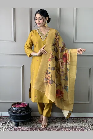 Ethnic Yard Floral Embroidered Beads & Stones Straight Kurta With Trousers & Dupatta