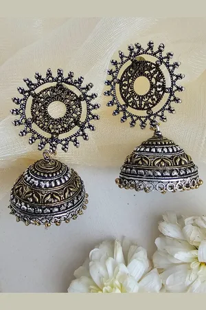 Binnis Wardrobe Women Silver-Toned German Silver Contemporary Jhumkas Earrings