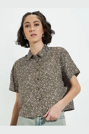 Pantaloons Animal Print Shirt Collar Extended Sleeves Top
