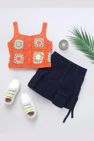 naughty ninos Girls Self Design Pure Cotton Crochet Top With Skirt