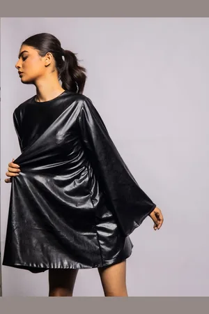 Erotissch Women Leather Flared Sleeves A-Line Dress
