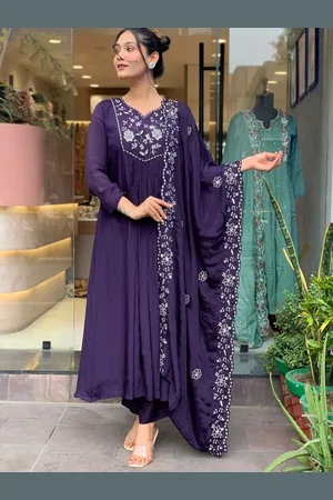 Ethnic Yard Floral Embroidered Beads & Stones Anarkali Kurta With Trousers & Dupatta