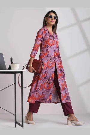 trueBrowns Women Floral Printed Regular Shirt Collar A-Line Kurta with Trousers