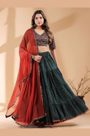 Janasya Printed V Neck Ready to Wear Pure Cotton Lehenga & Blouse With Dupatta