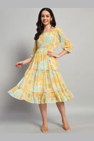 Chemistry Printed Puff Sleeve Chiffon Smocked Fit & Flare Midi Dress