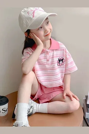 LULU & SKY Girls Striped Polo Collar T-Shirt With Shorts