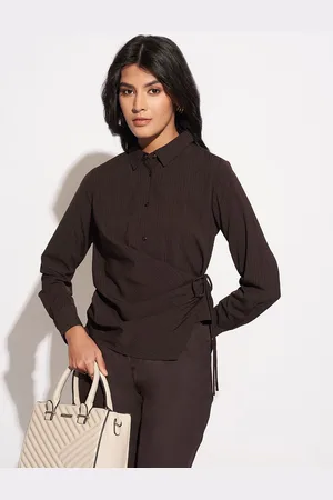 Pantaloons Ribbed Tie-Ups Detail Cuffed Sleeves Shirt Style Top