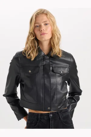 DeFacto Women Spread Collar Solid Casual Leather Jacket